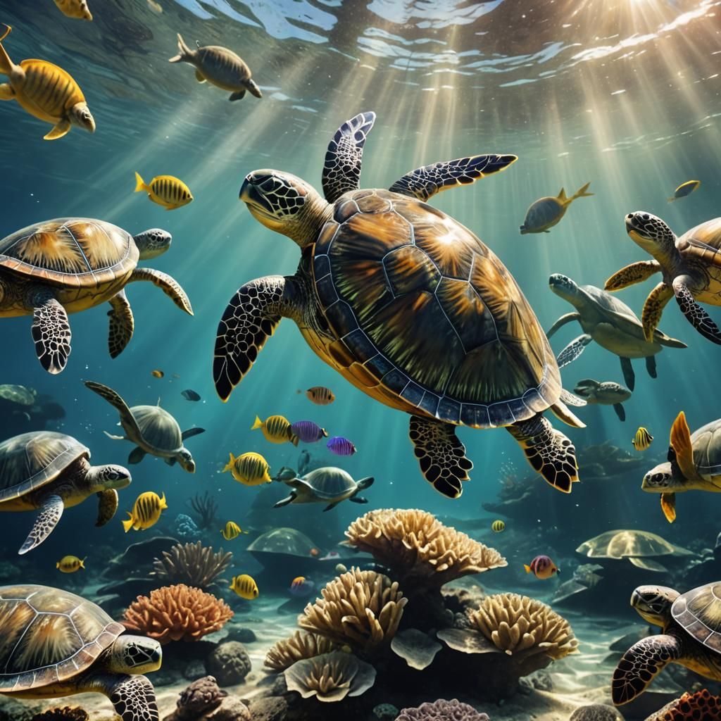 Sea Turtles Swimming in a Sunlit Ocean
