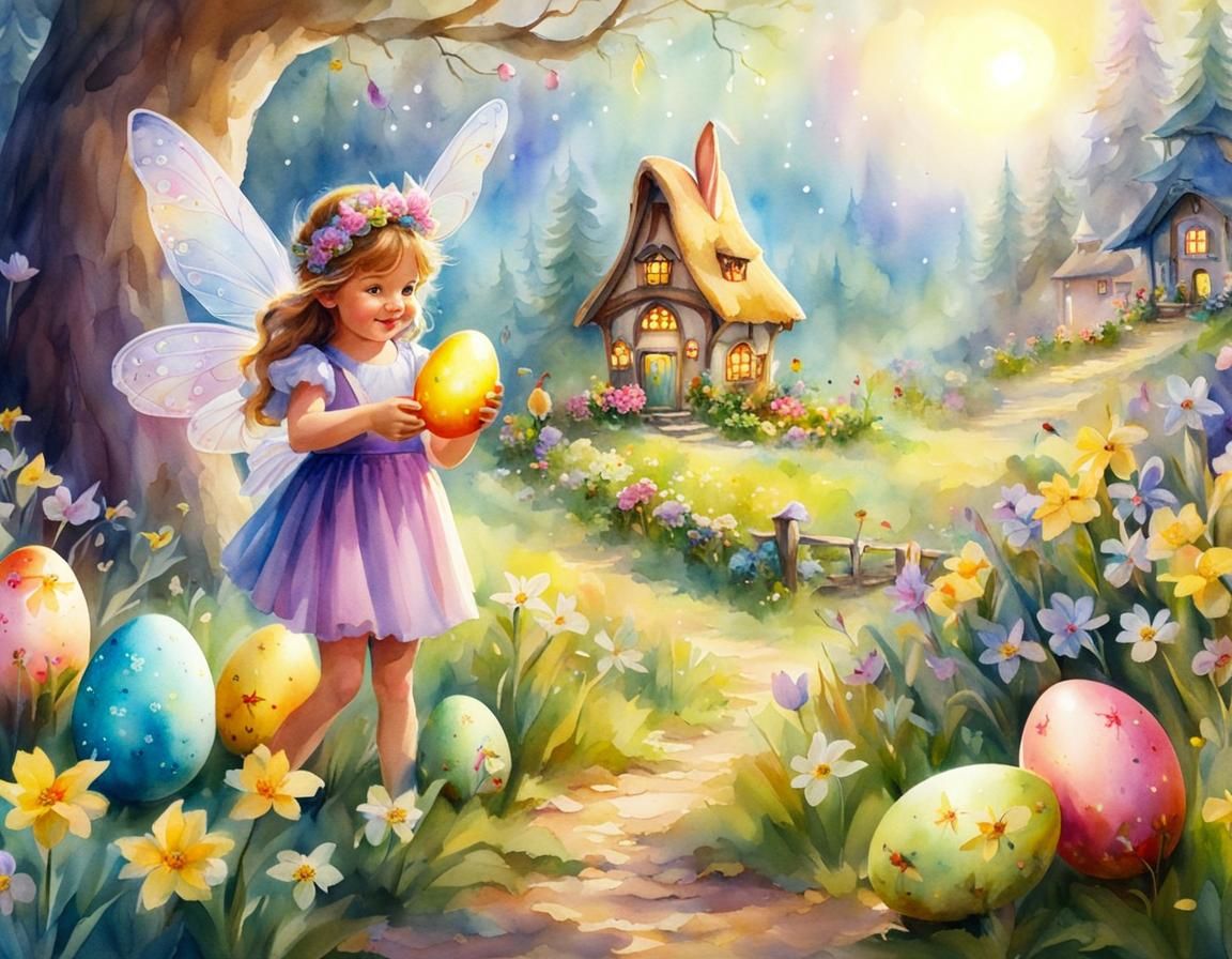 Fairies Hunt Easter Eggs in Watercolor Village