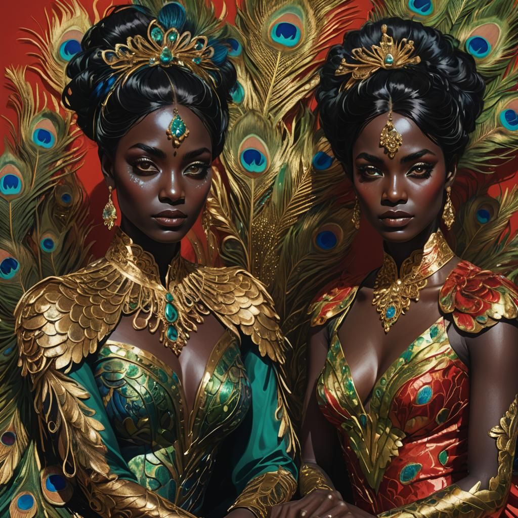 Golden Woman with Peacock Feathers in Art Nouveau Style