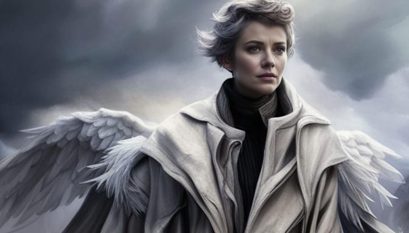 Female Angel in Trench Coat with White Wings