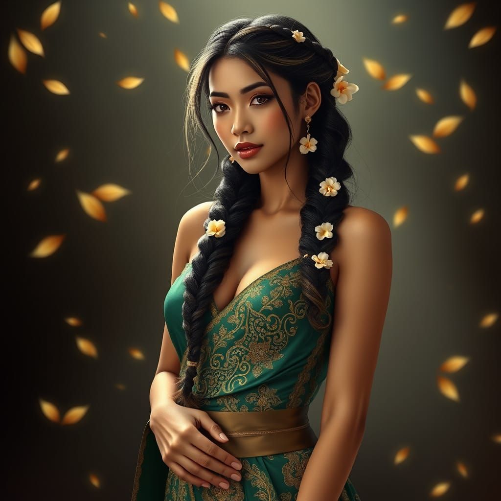 Latina Woman in Silk Longyi with Jasmine Flowers