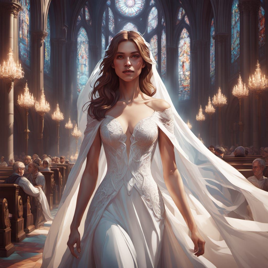 Bride in Cathedral: Detailed Art Nouveau Portrait