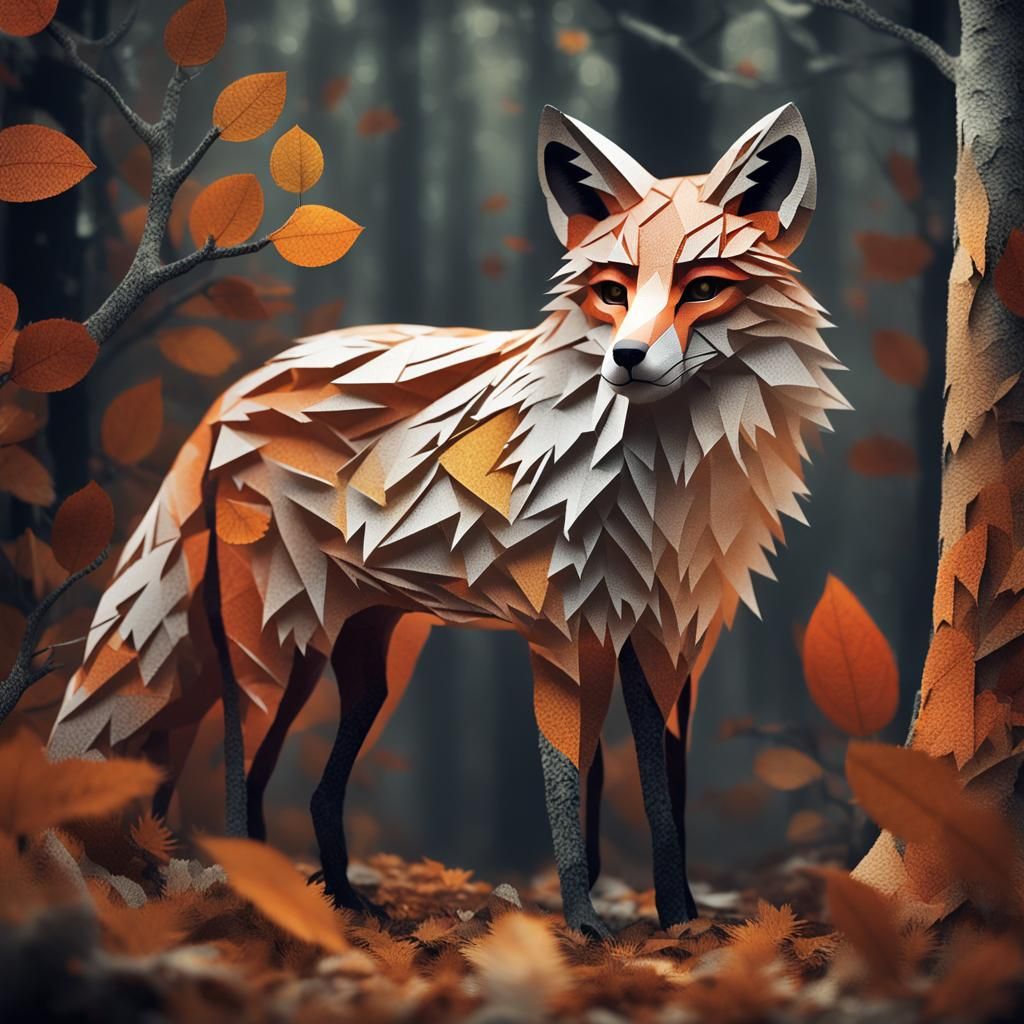 Intricate Paper Collage Fox in Misty Forest