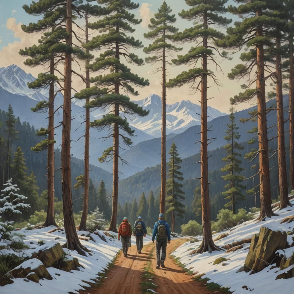 Serene Pine Forest with Snowy Mountains