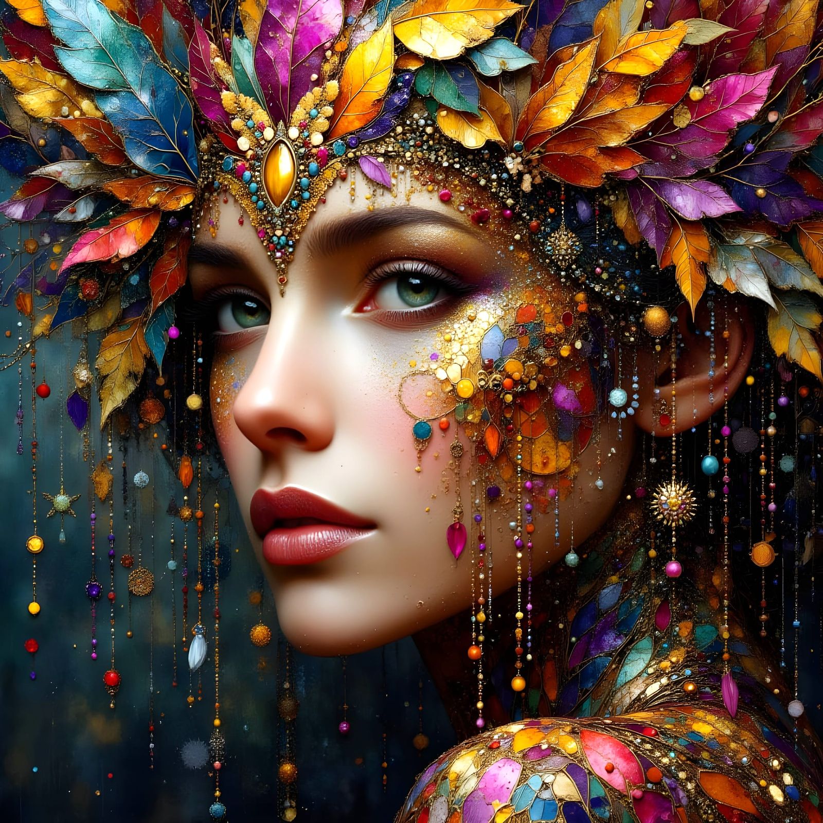 Surreal Mosaic Portrait with Metallic Accents