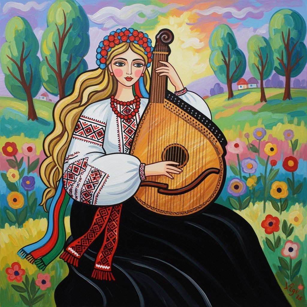 Ukrainian Woman Playing Bandura in Folk Art Style