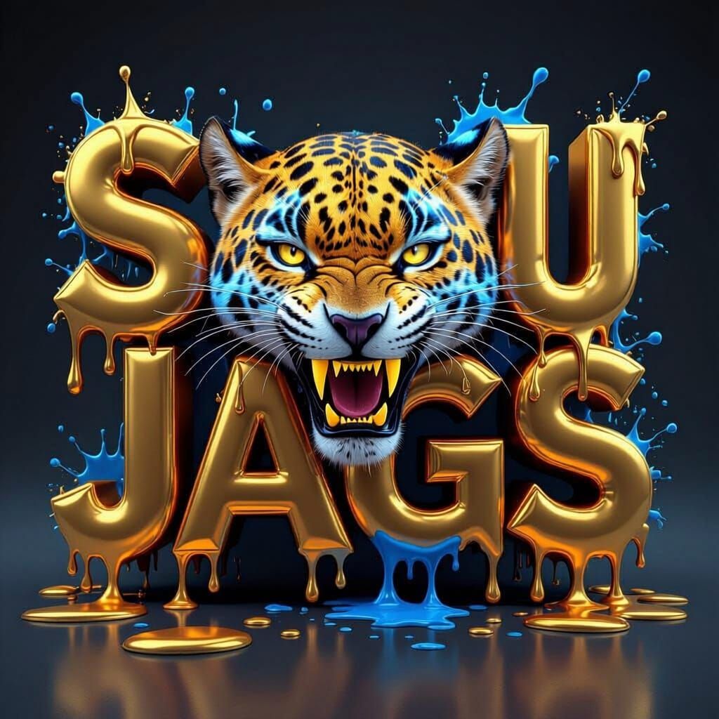 Golden "SU JAGS" Text with Roaring Jaguar, Blue Spots