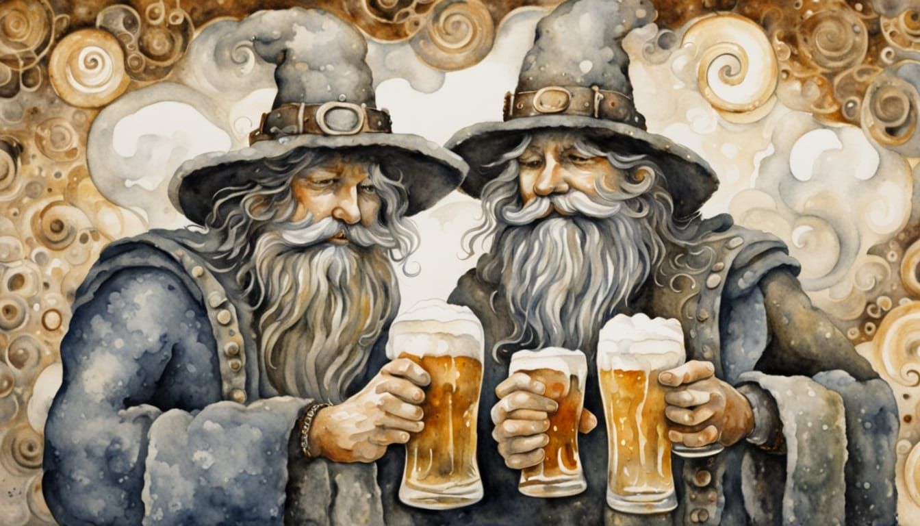 Hobbits Sharing Beer, Watercolor Painting