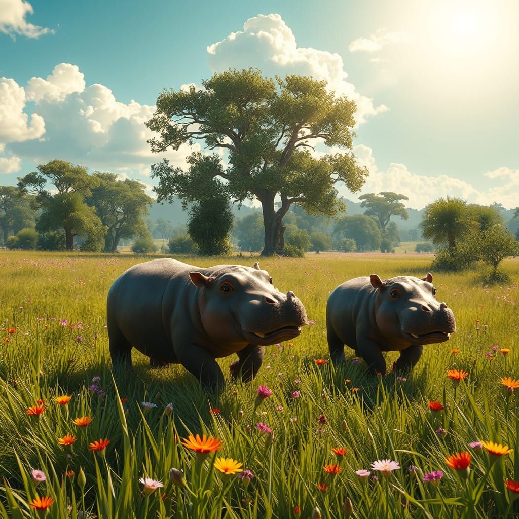 Whimsical Grassland Hippos in Vibrant Artistic Style