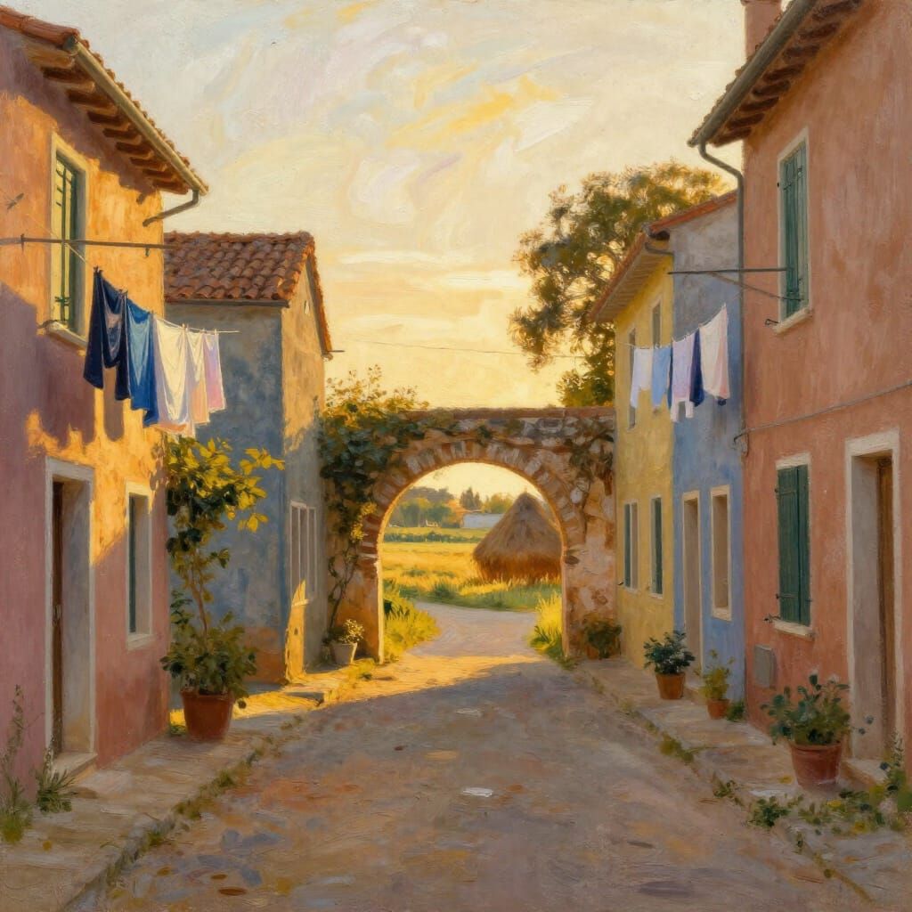 A quaint village street bathed in the warm, soft glow of the golden hour.