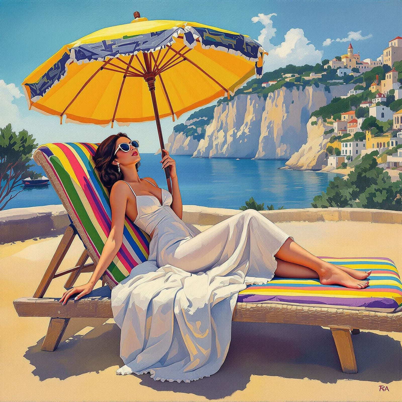 Riviera Brunette in White Dress: Vintage Oil Painting