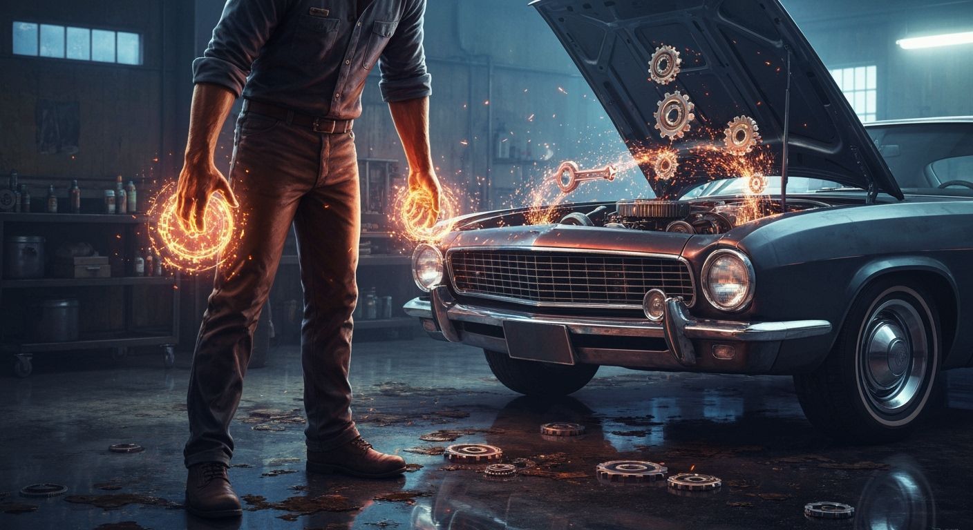 Magical Mechanic Repairs Classic Car in Enchanted Garage