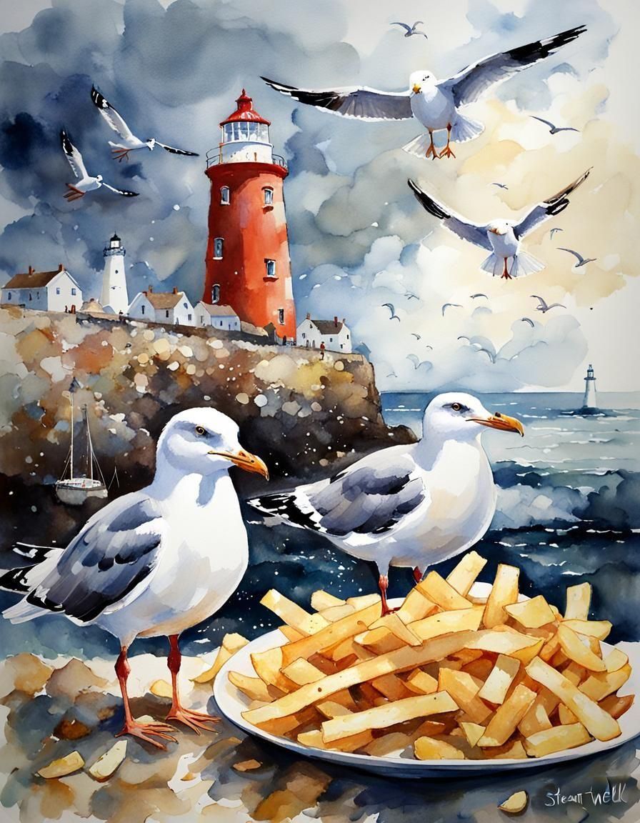 Seagulls Stealing Chips near Lighthouse, Watercolor Art