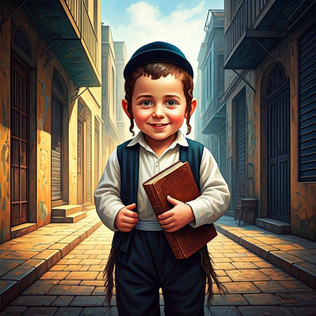 Captivating Haredi Boy Walks to School in Street Art Style