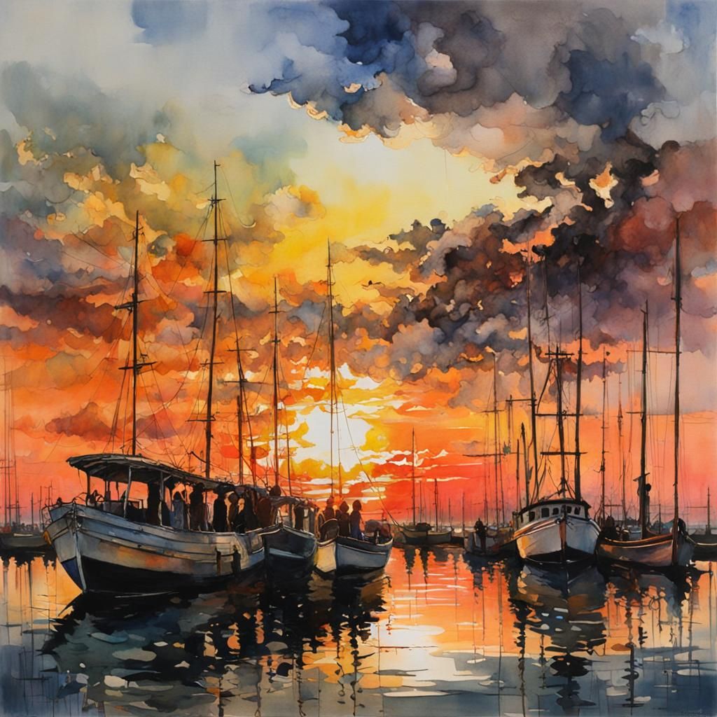 Watercolor Sunset Over Bay in Maximalist Style