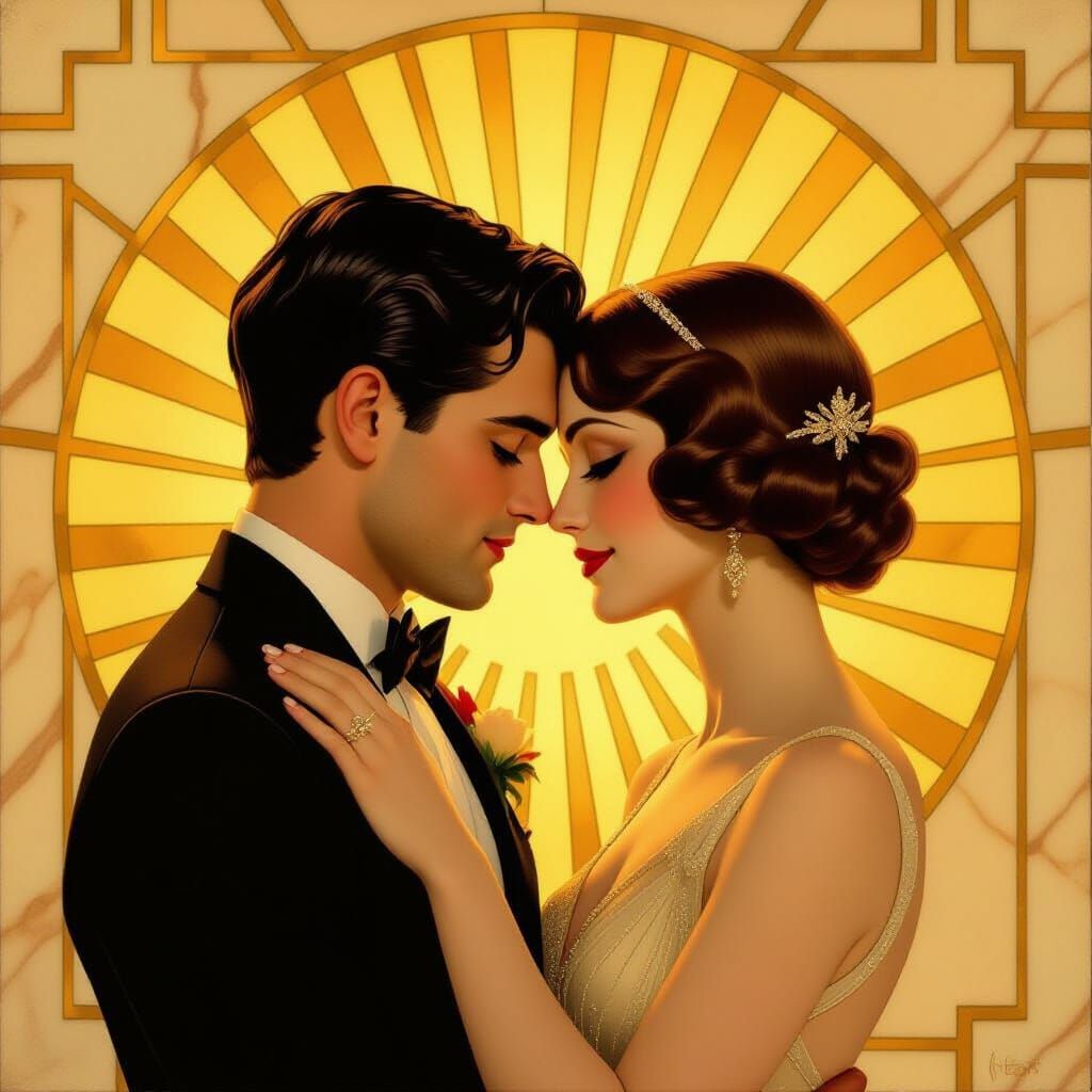 Art Deco Lovers Embrace in Golden Light