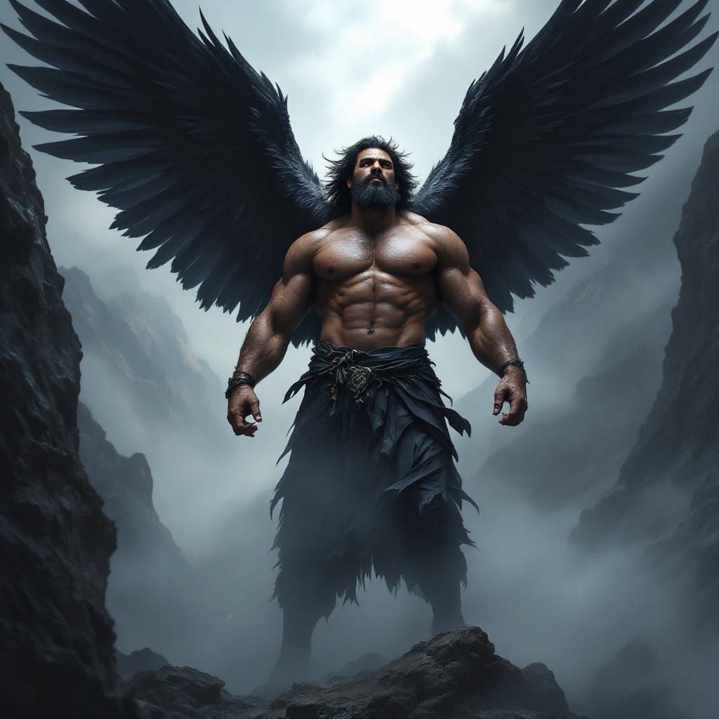 Heroic Man with Raven Wings in Mystical Landscape