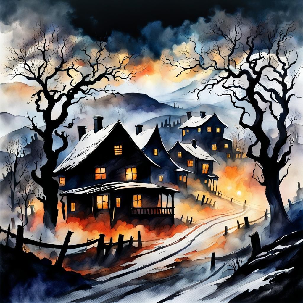 Eerie Misty Village in Barren Winter Landscape