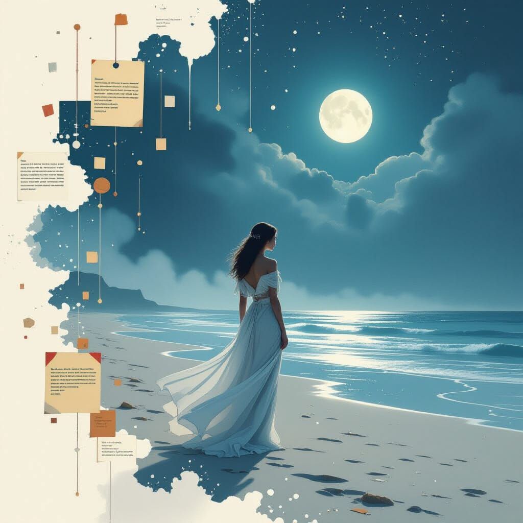Moonlit Woman on Misty Beach in Dreamy Style