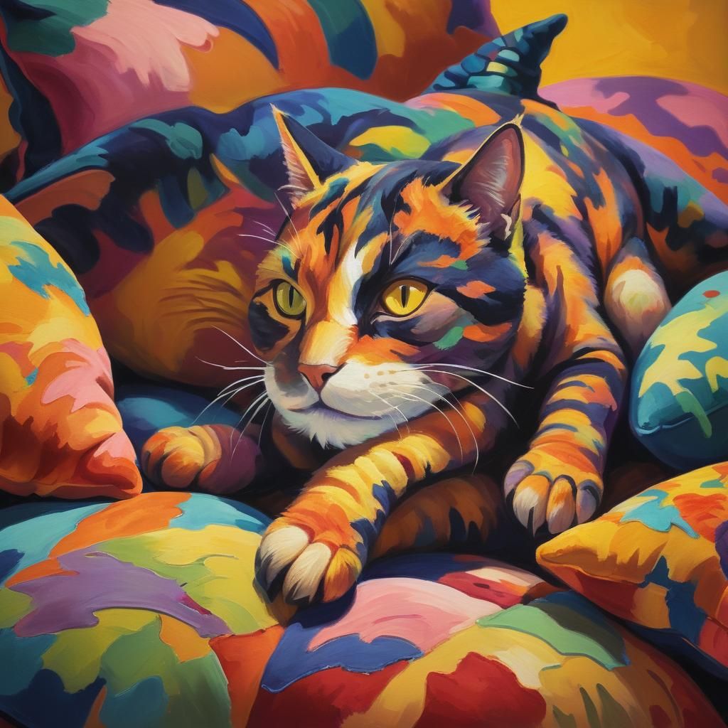 Fauvist Feline Playtime with Plush Dinosaur