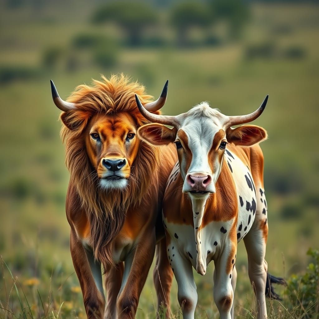 Lion Cow Hybrid in Savannah, Photorealistic Style