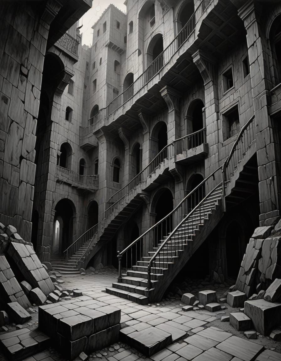 Surreal Staircase Ascension in Stark Black and White
