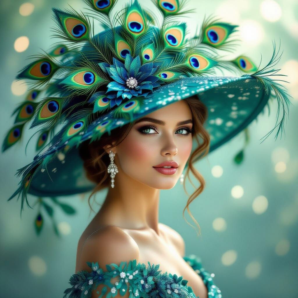 Elegant Woman in Shimmering Peacock Feather Hat
