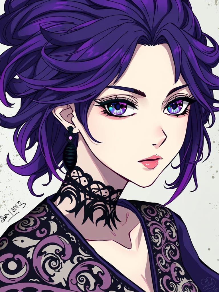 Anime Woman with Purple Hair and Mystical Patterns