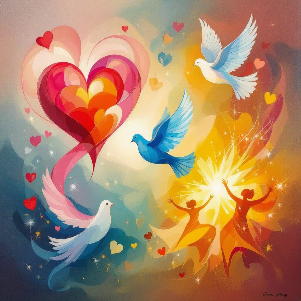 Surrealist Oil Painting of Love, Peace, and Joy