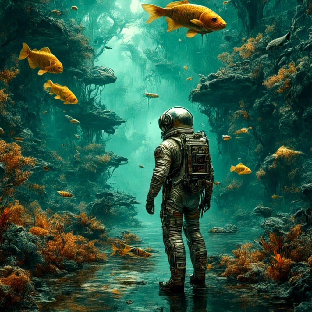 Astronaut in Enchanted Forest with Flying Fish
