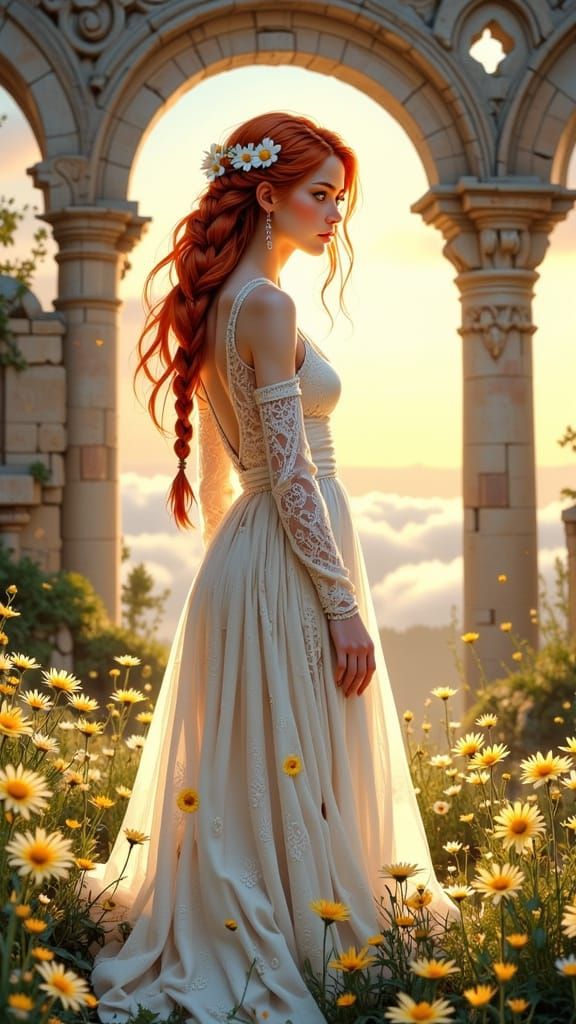 Serene Red-Haired Maiden in Daisy Adorned Gown