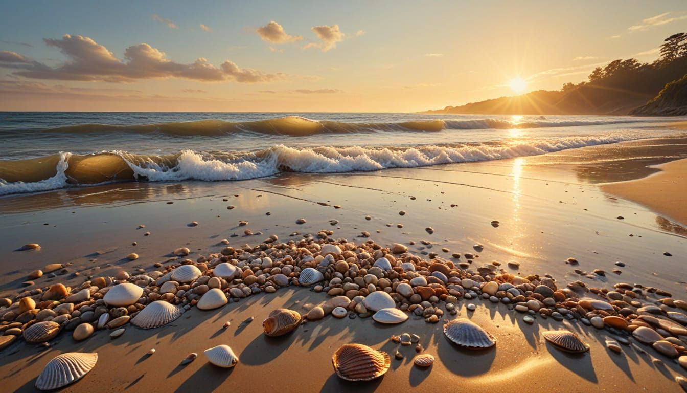 Tranquil Beach at Low Tide as Surreal Oil Painting