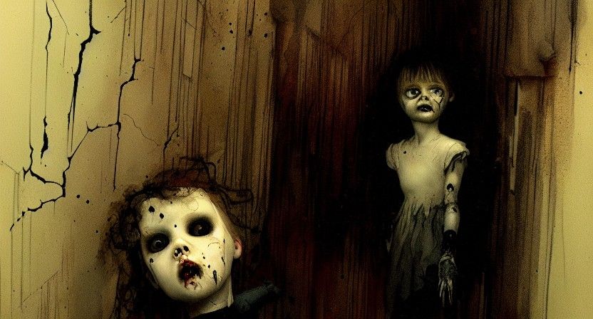 Sinister Cracked Porcelain Doll in Horror Style