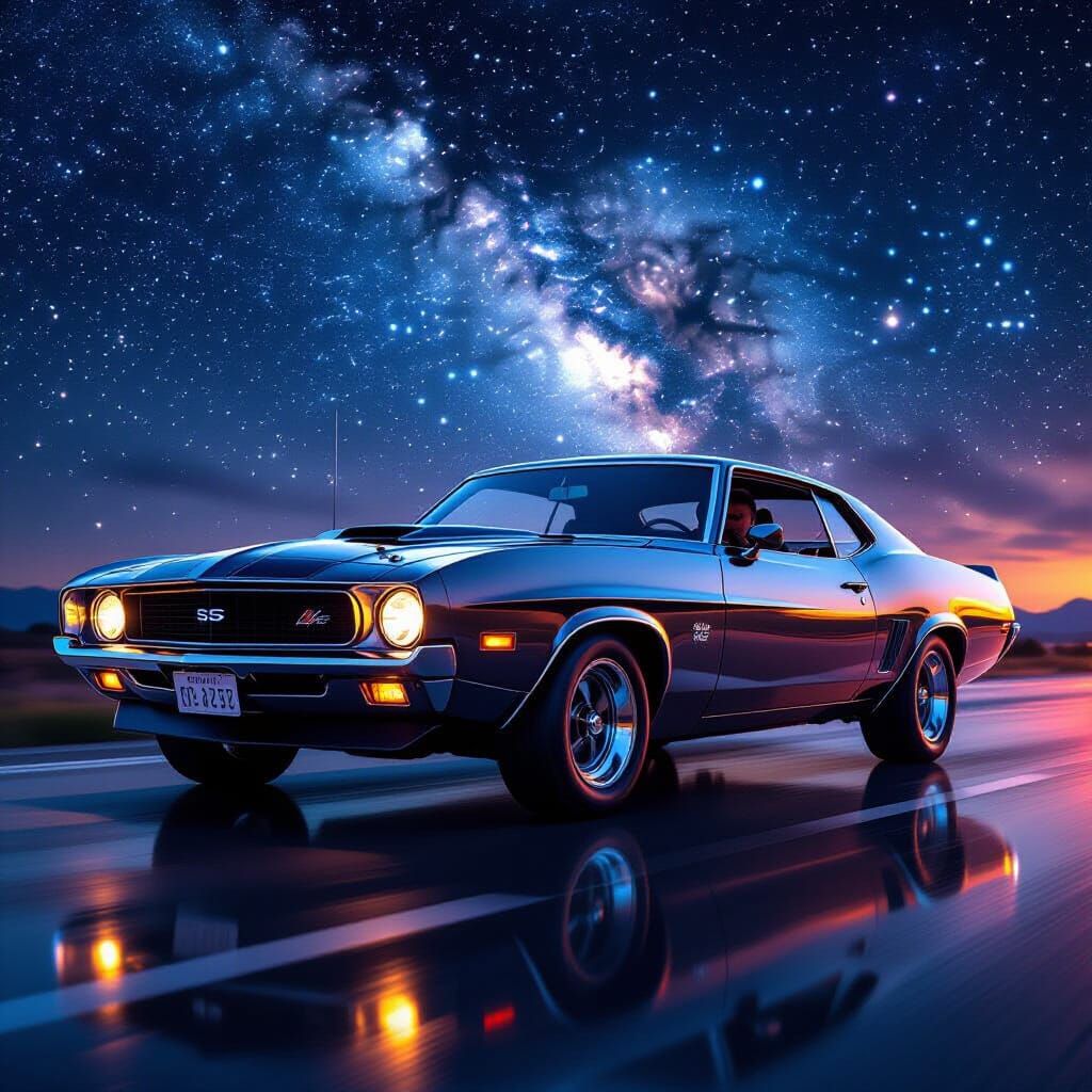 Classic Muscle Car Under Starry Night Sky