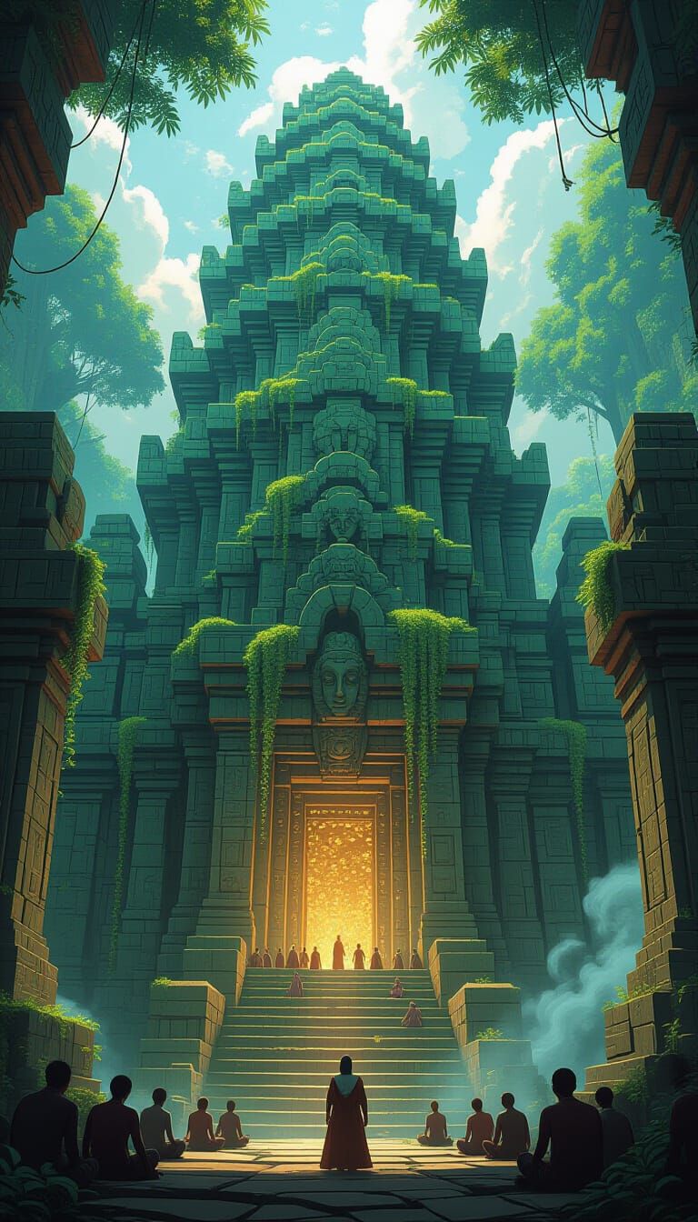 Living Stone Temple with Luminescent Vines, Fractal Seating