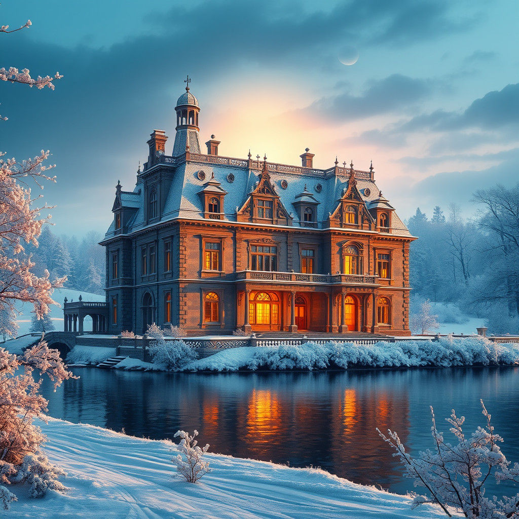Snowy Manor House on Riverbank in Cinematic Style