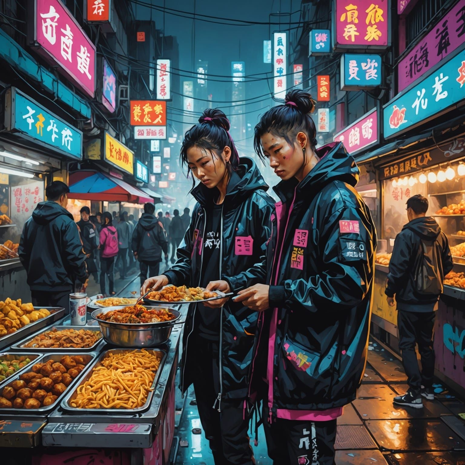 Cyberpunk Asian Night Market Food Vendor Scene