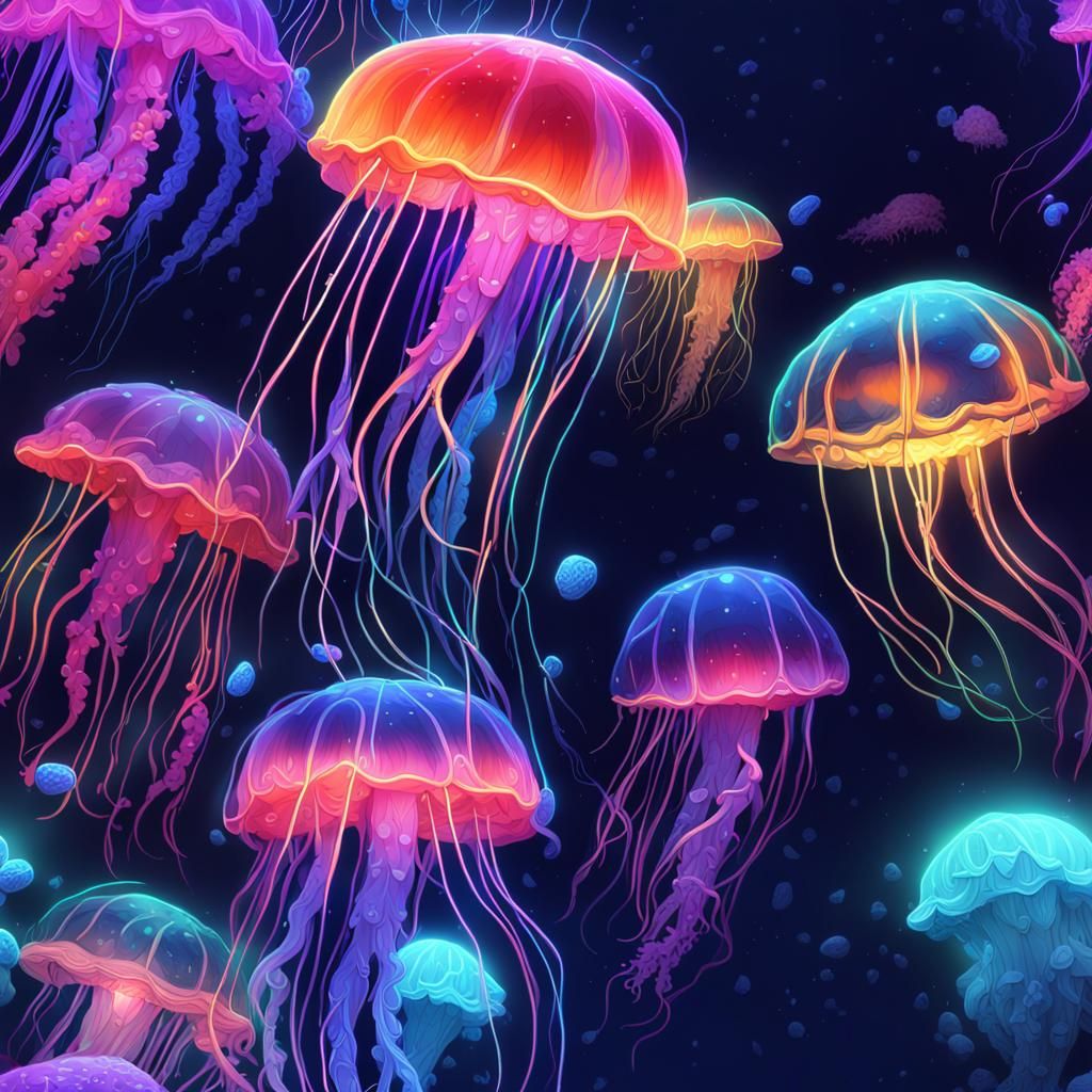 Neon Jellyfish in Vibrant Coral Reef: 3D Anime Art