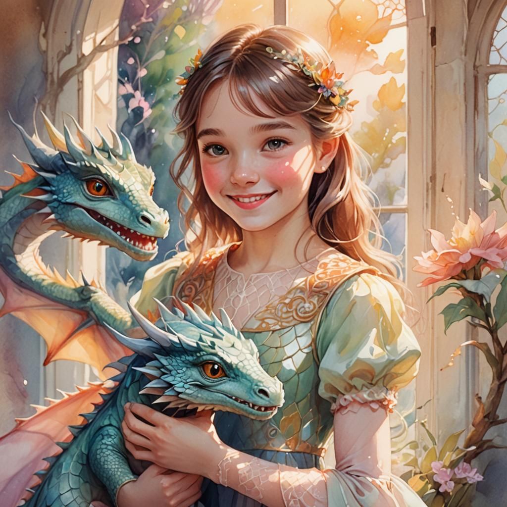 Girl and Dragon Whimsical Watercolor Illustration