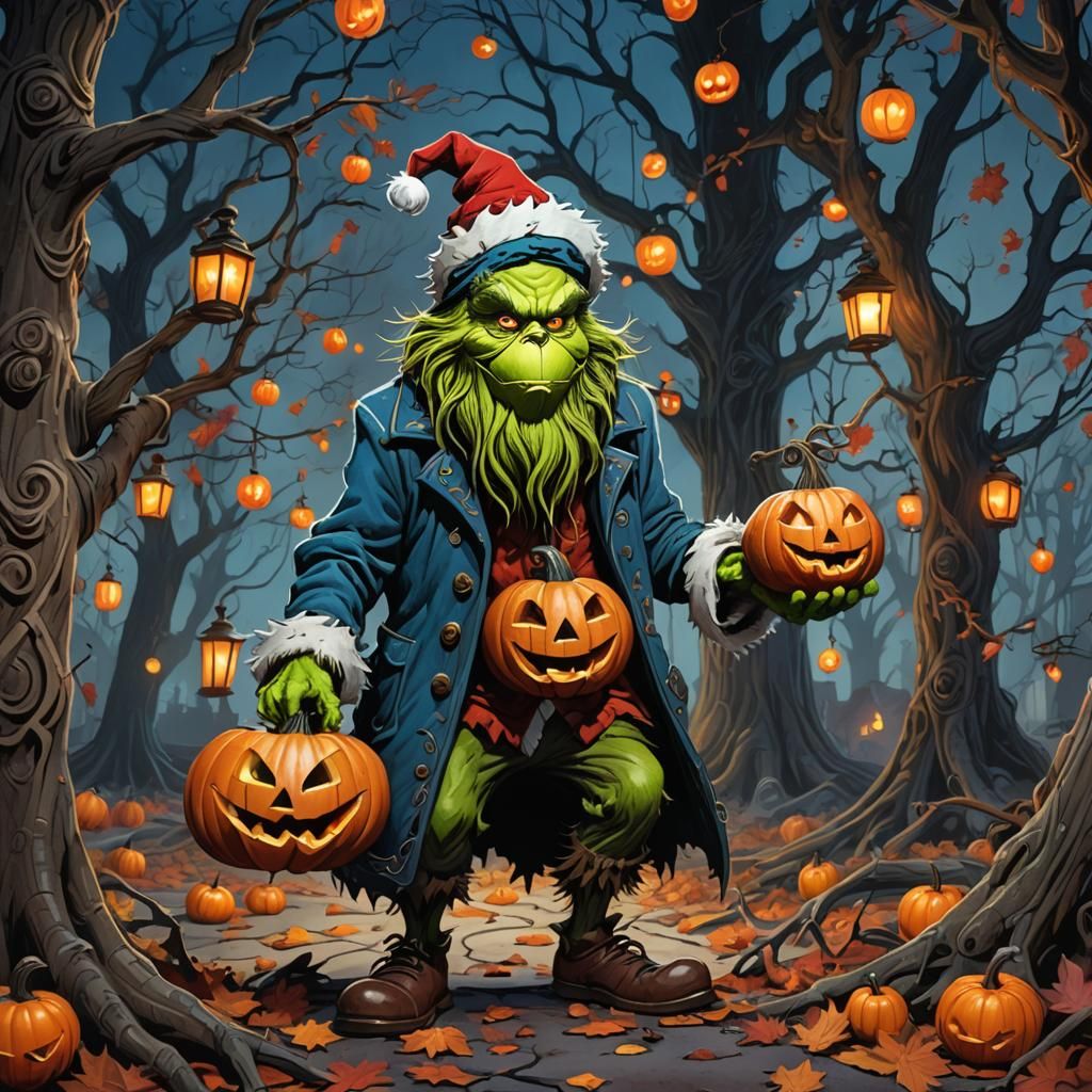 Grinch Steals a Pumpkin in Dark Fantasy Style