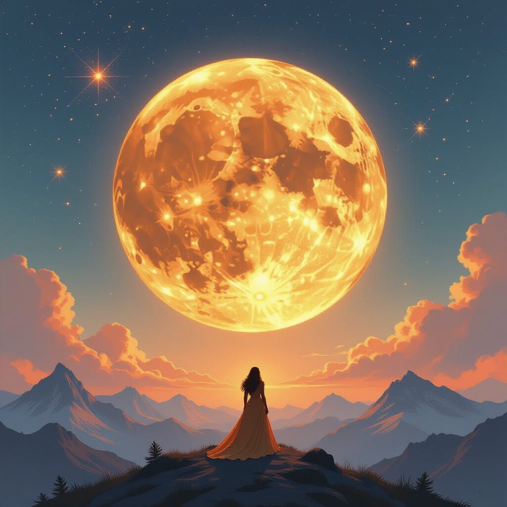 Cosmic Queen Gazing at Nebula Moon