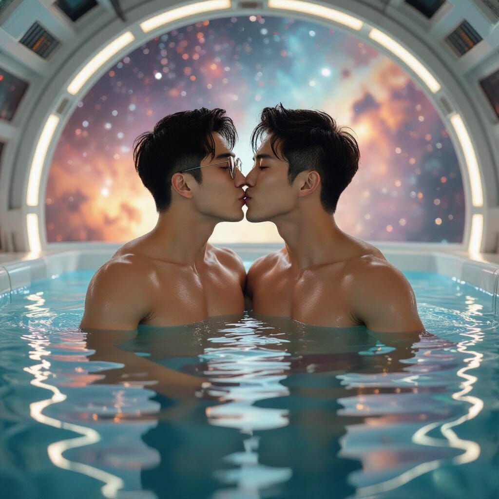 Astronauts Kiss in Spaceship Infinity Pool