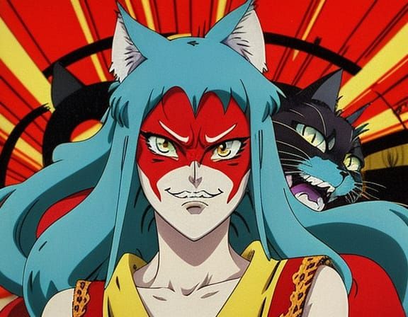 Turquoise Cat Villain in Retro Anime Style