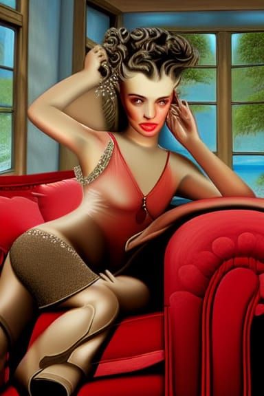 Beauty on Red Sofa: Detailed Matte Painting