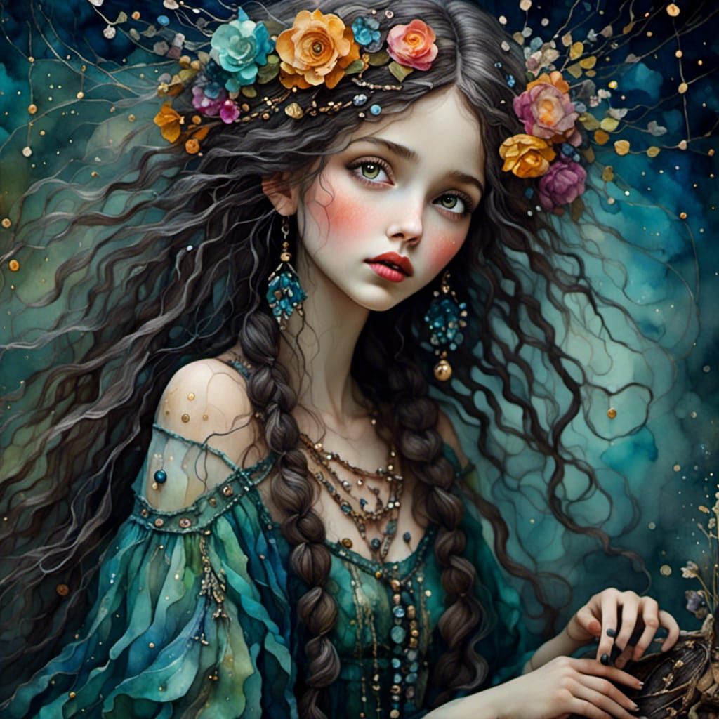 Whimsical Gypsy Fae in Vibrant Wagon, Digital Art