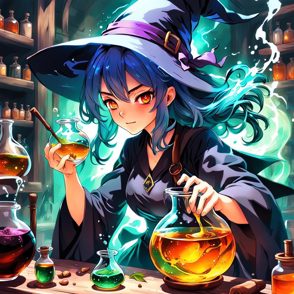 Girl Witch Potion in Anime Style