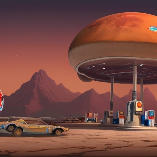 Retro Gas Station on Mars: Detailed Matte Painting