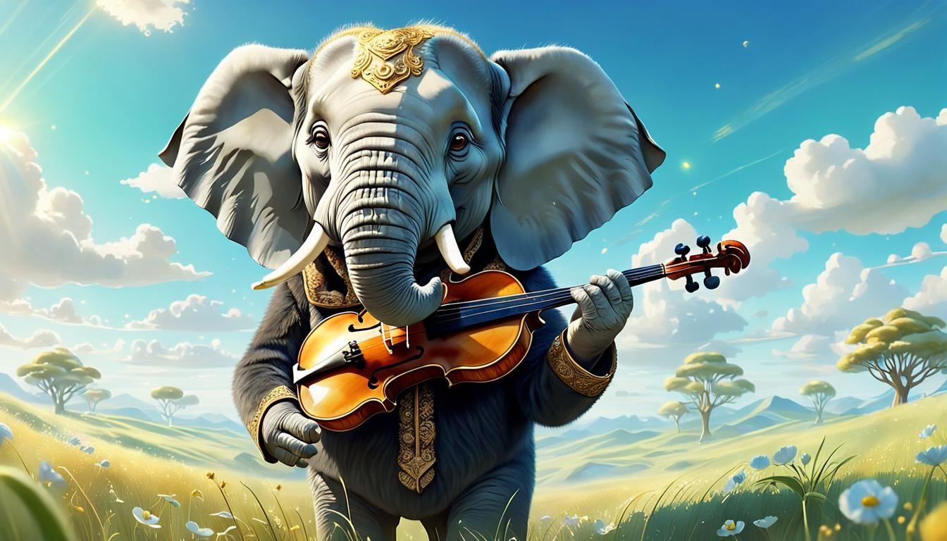 Elephant Plays Violin in Ghibli Animation Style