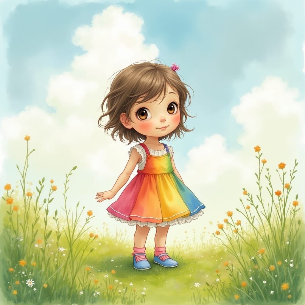 Watercolor Girl in Meadow, Impressionistic Style