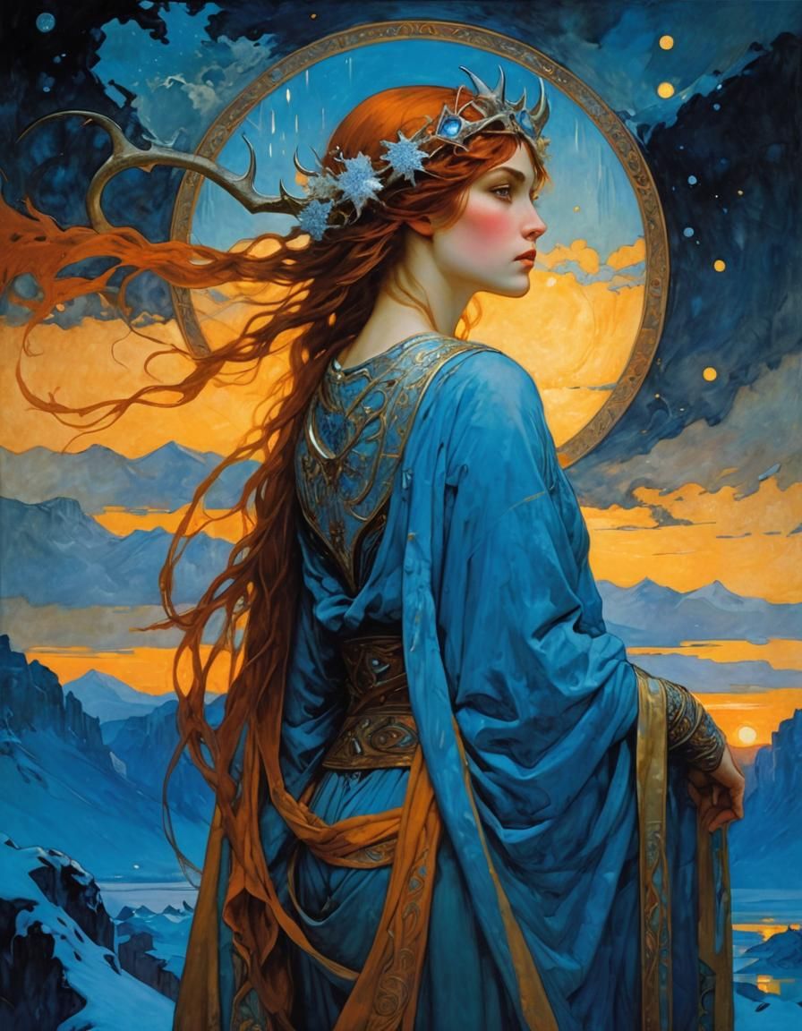 Horned Priestess in Frozen Wasteland: Painterly Style